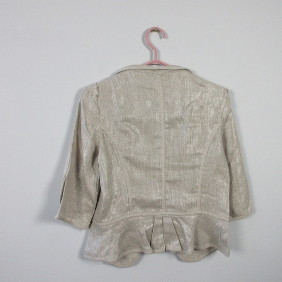 Maje Metallic Blazer Linen Top Jacket Women 2 M Beige Crop Peplum Office y2k 290 - Picture 4 of 13